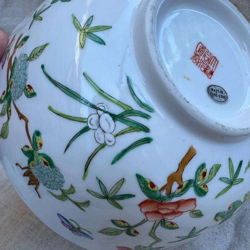 Vintage 70s Hong Kong Porcelain Bowl 60s Famille Rose Grasshopper Floral 9in